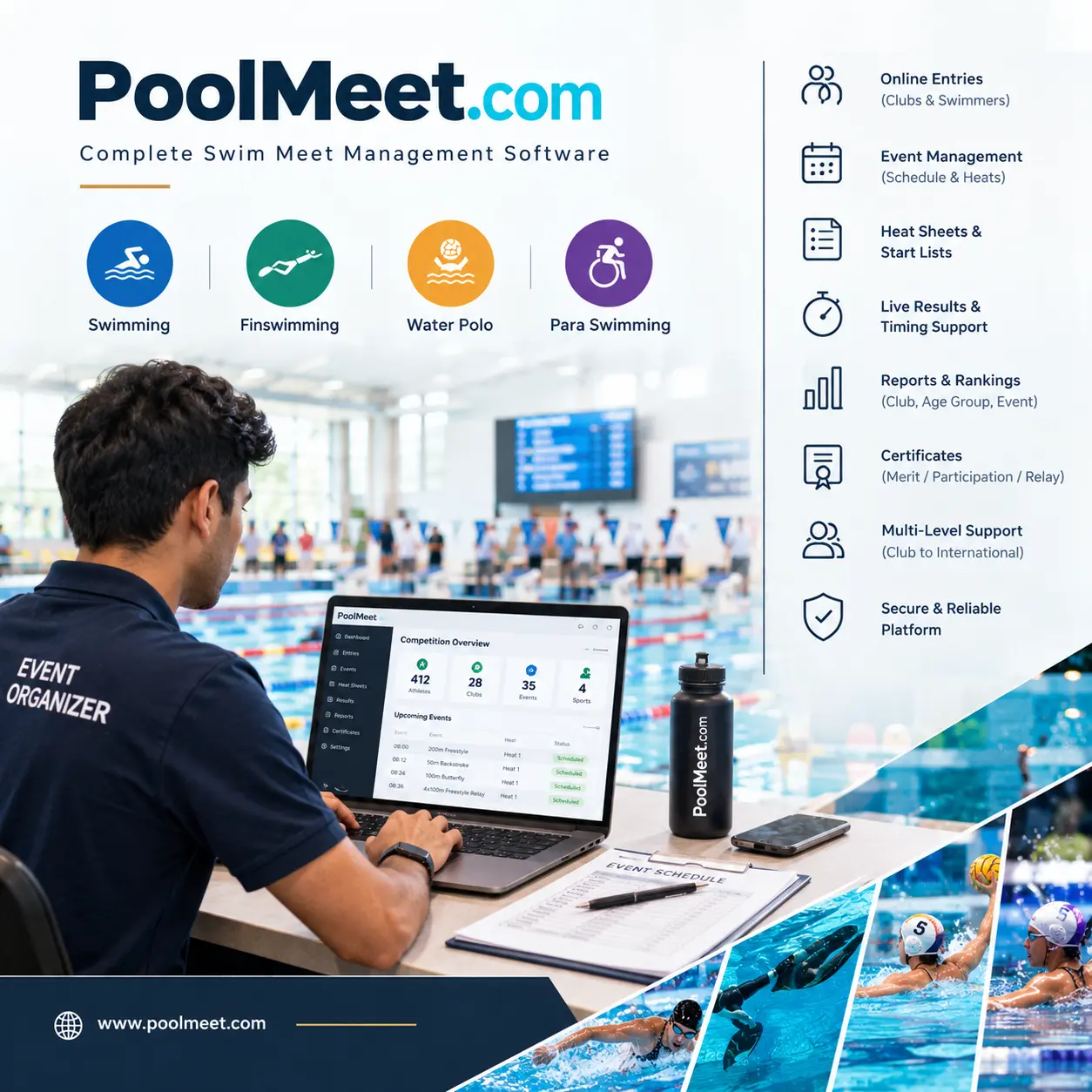 PoolMeet swim meet management software for organizing swimming competitions, swimmer entries, heat sheets, results, certificates and reports.
